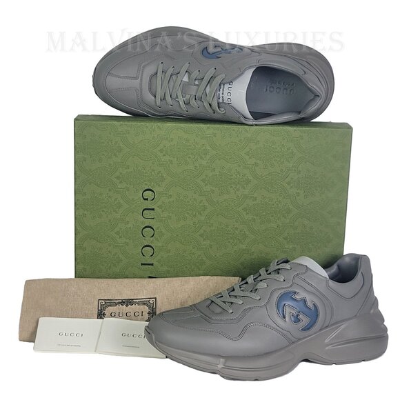 GUCCI SNEAKERS MENS RHYTON SHOES GREY INTERLOCKING LOGO LEATHER - Picture 3 of 15